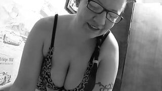 Amateur with a mature couple in a retro film. Handjob and balls sucking. Hot milf skillfully plays with her lover's cock.